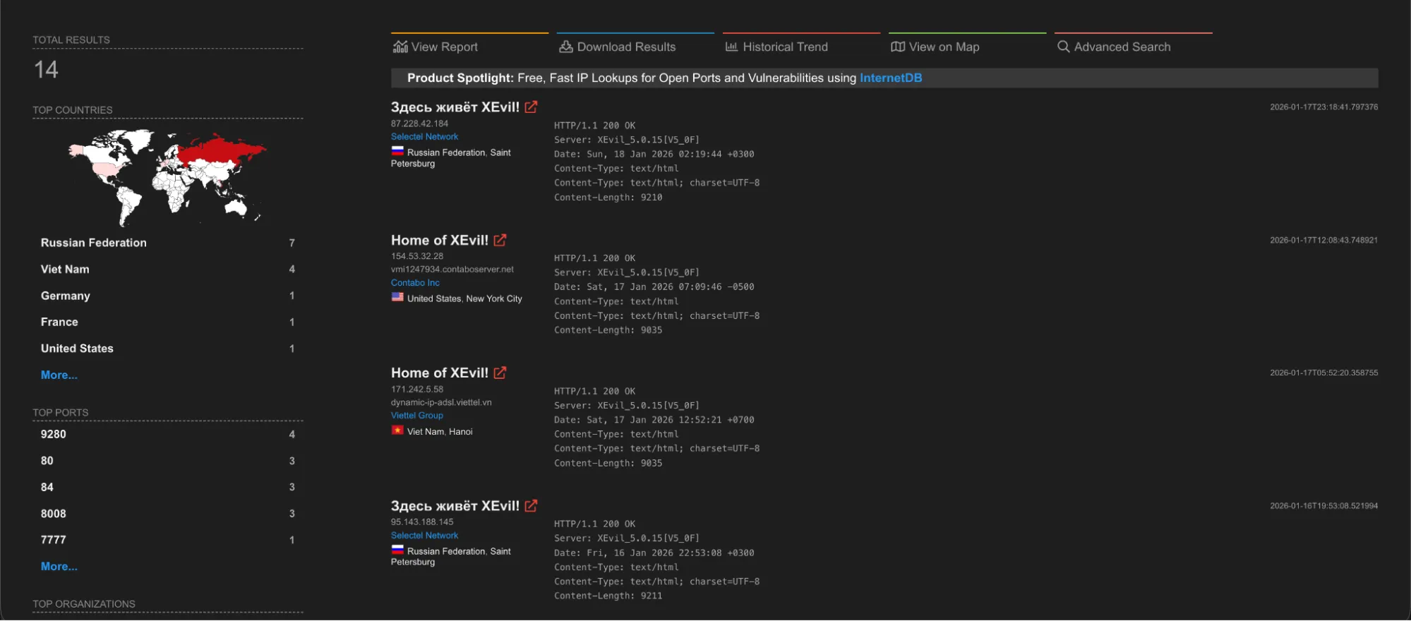 Fig 17. Public facing XEvil instances. (Shodan)