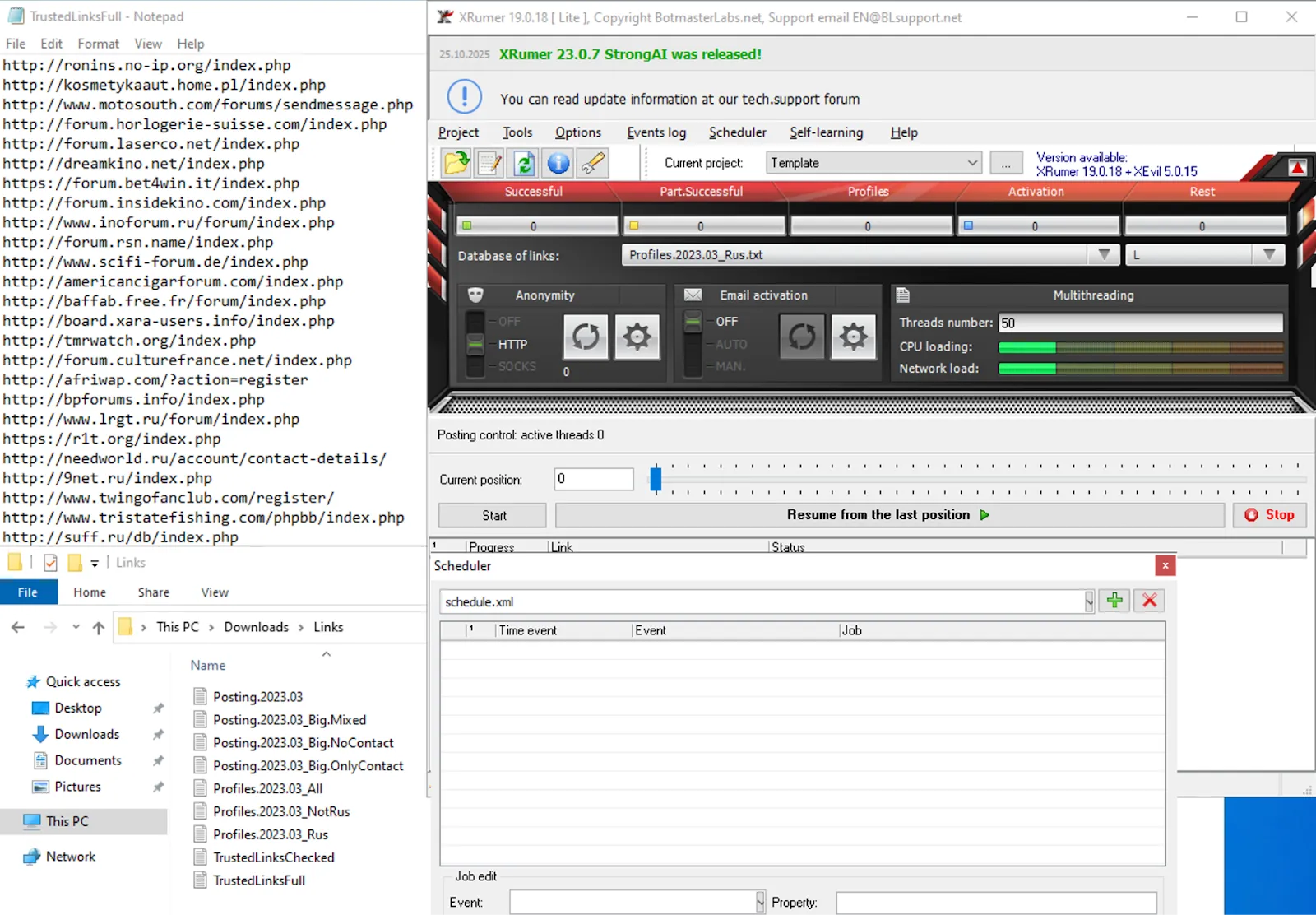 Fig 03. XRumer user interface and website lists.