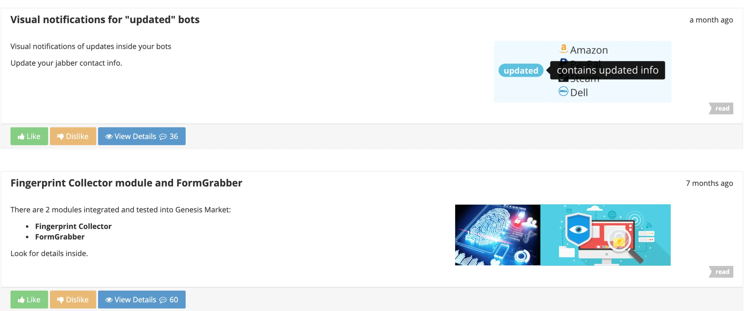 Figure 1: Genesis Marketplace interface showing the “Fingerprint collector” module and inventory of compromised browser profiles (“bots”), as documented by F5 Labs.
