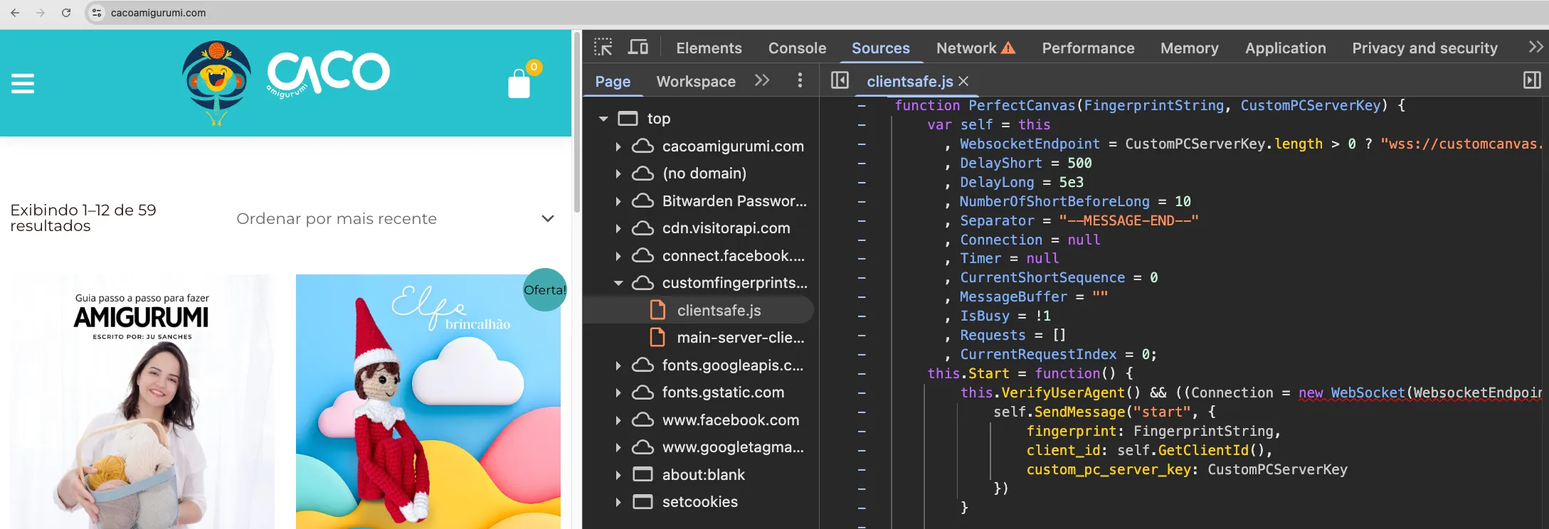 Figure 3: Live website (cacoamigurumi.com) loading Bablosoft’s clientsafe.js fingerprinting script, confirming active deployment on third-party domains.