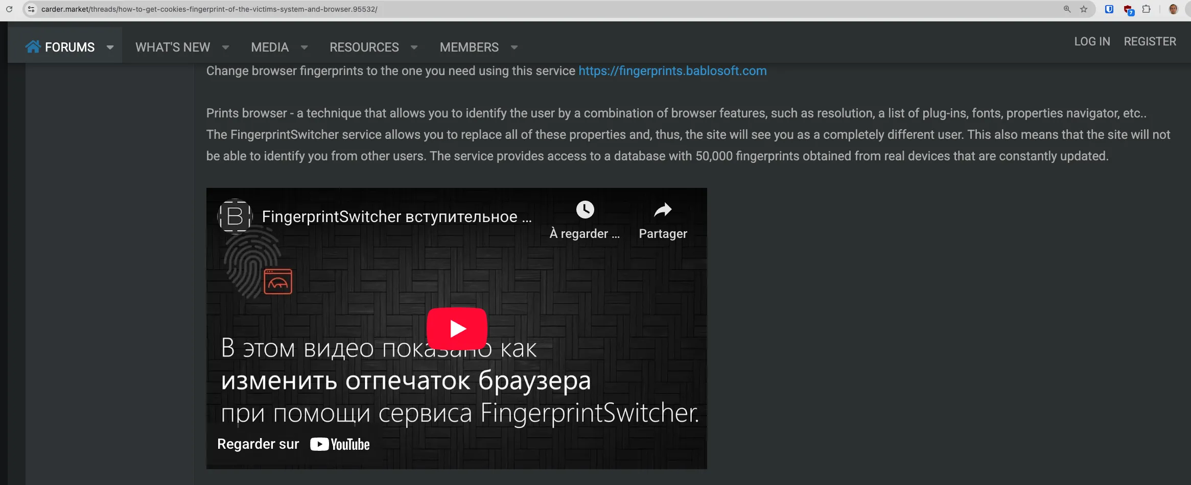 Figure 5: Carding forum post recommending Bablosoft’s FingerprintSwitcher module for reducing detection in fraud and automation workflows.