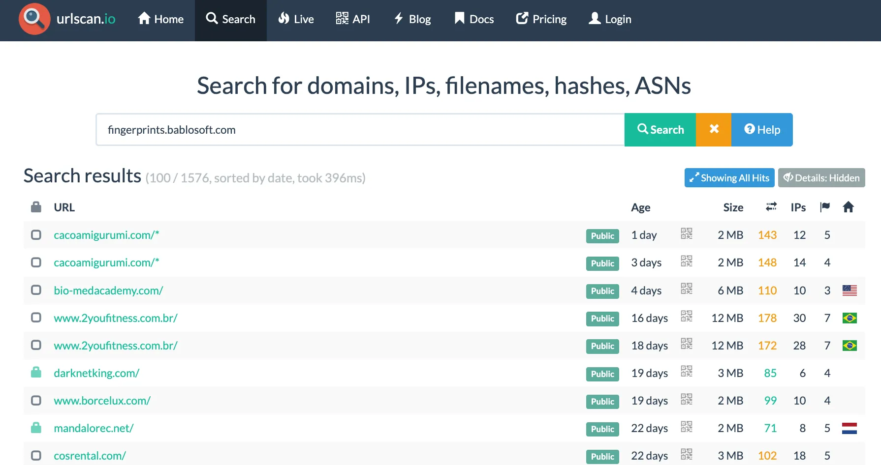 Figure 2: urlscan.io search results for fingerprints.bablosoft.com, showing more than 1,500 indexed scans referencing Bablosoft fingerprint collection infrastructure.