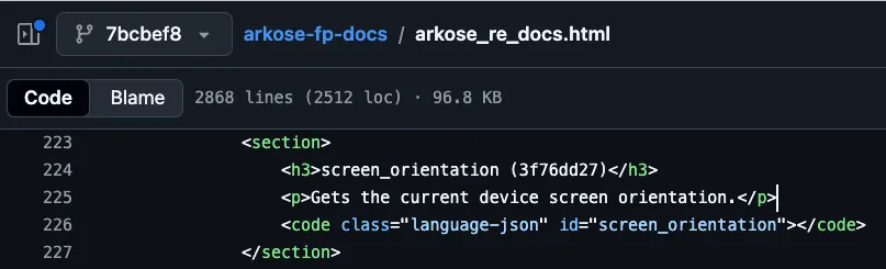 Figure 19: fp-flame iframe  — Screen orientation signal stored under a non-semantic/hashed key (3f76dd27). The same key is documented in public Arkose reverse-engineering notes as mapping to screen.orientation.type, consistent with the fp-flame implementation.