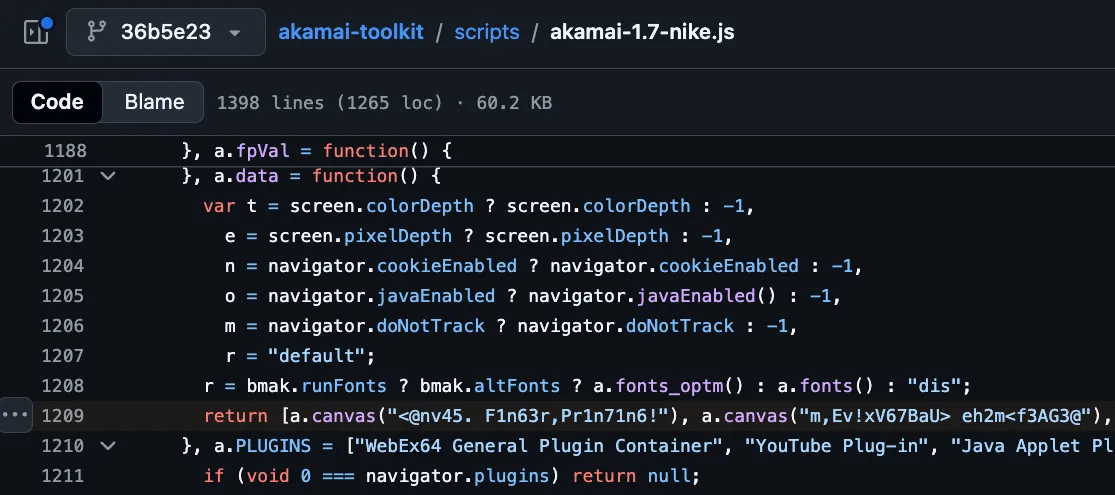 Figure 34: Reversed Akamai client-side implementation — structurally similar seeded canvas challenge logic (iterative fingerprint generation and deterministic key naming) used for comparison.