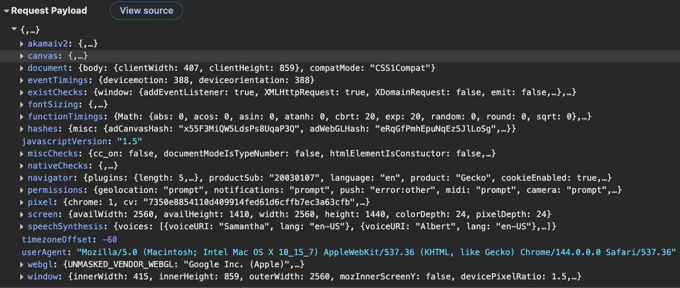 Figure 32: Cybersole collector — representative fingerprint payload prior to transmission.