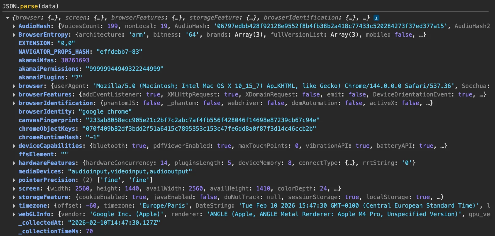 Figure 23: Main-page script (a.js) — representative fingerprint payload prior to transmission.