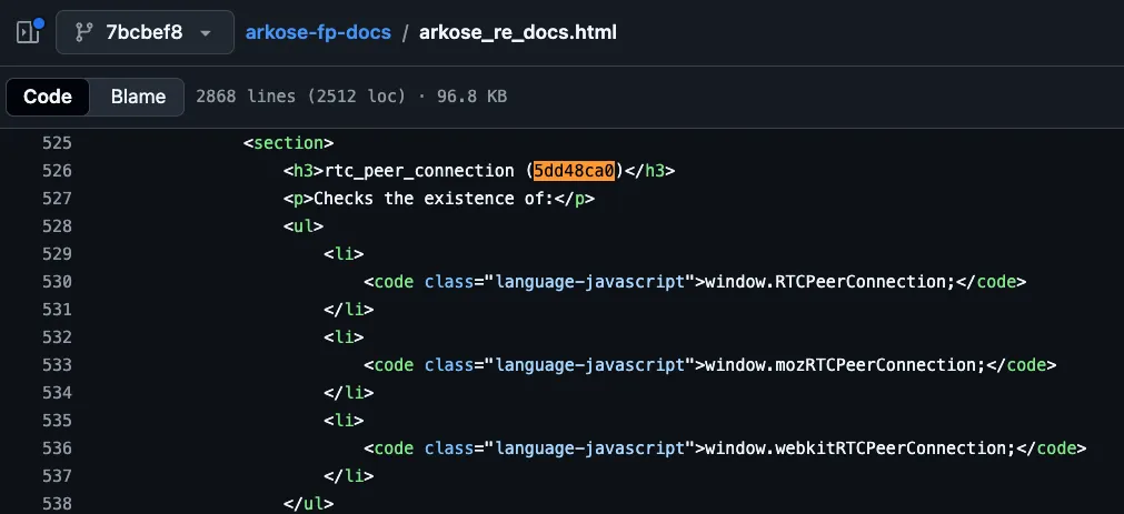 Figure 20: fp-flame iframe — WebRTC feature-probing signal stored under a non-semantic/hashed key (5dd48ca0). The same key is documented in public Arkose reverse-engineering notes as a WebRTC capability check, consistent with the fp-flame implementation.
