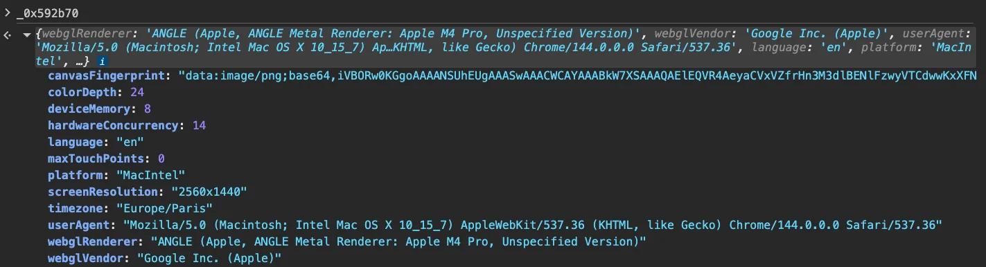 Figure 14: Structured fingerprint object generated by cybertemp’s first-party JavaScript bundle prior to encryption.