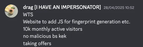 Figure 7: Discord discussion describing monetizing web traffic to collect browser fingerprints.