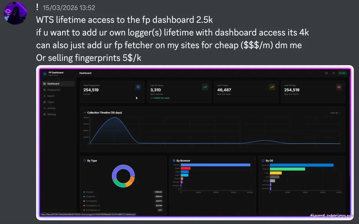 Figure 11: Discord message from operator of cybertemp.xyz selling access to his fingerprinting dashboard so people can add their own device fingerprinting collector.