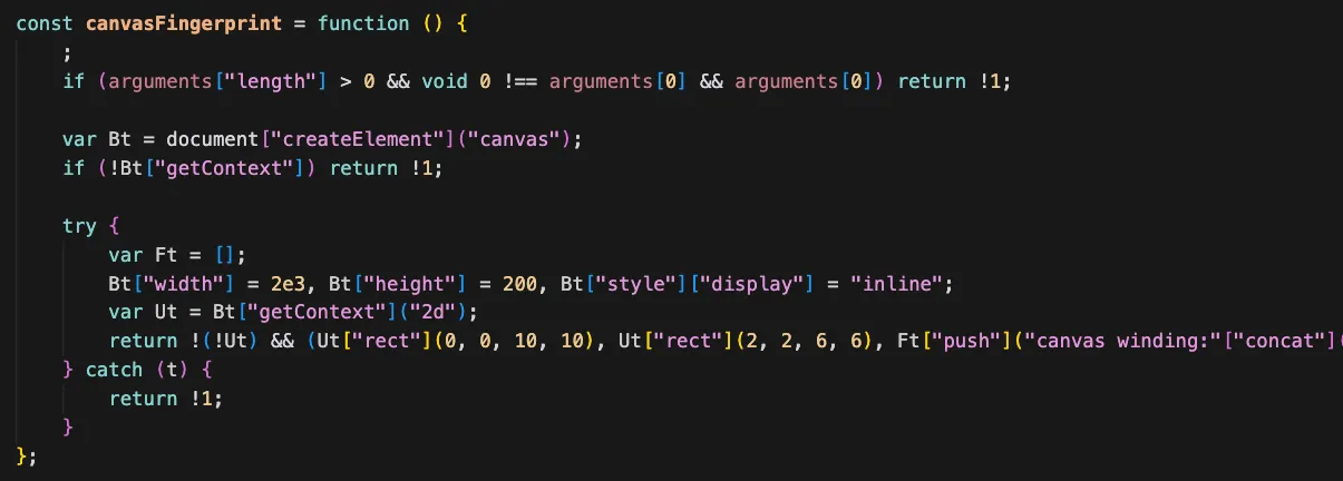 Figure 16: Code related to the canvas fingerprint component.
