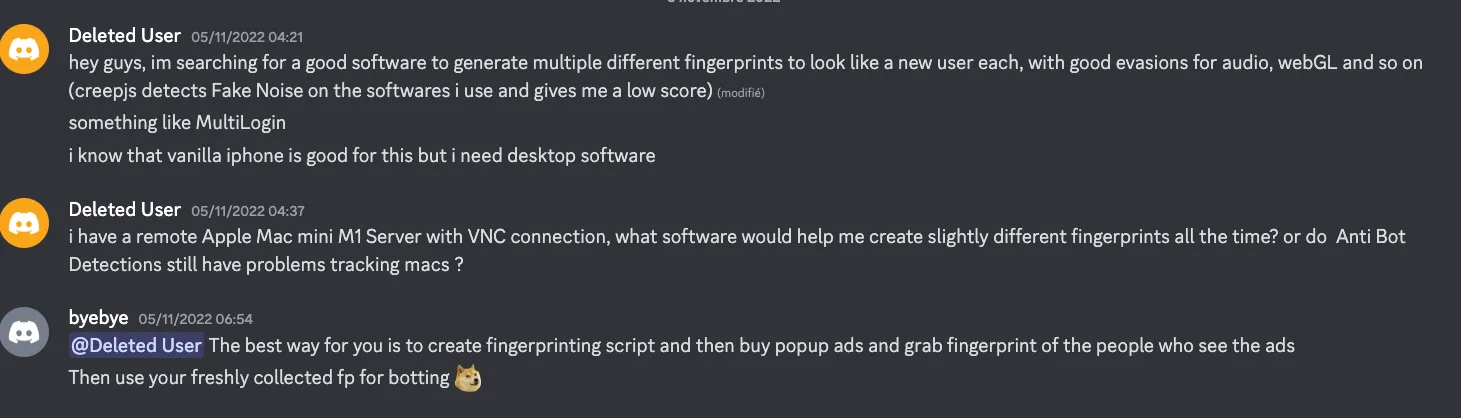 Figure 9: Discord exchange where a user seeking realistic fingerprints is advised to deploy fingerprinting scripts and acquire traffic, including via paid ads, to collect real-world browser data at scale.