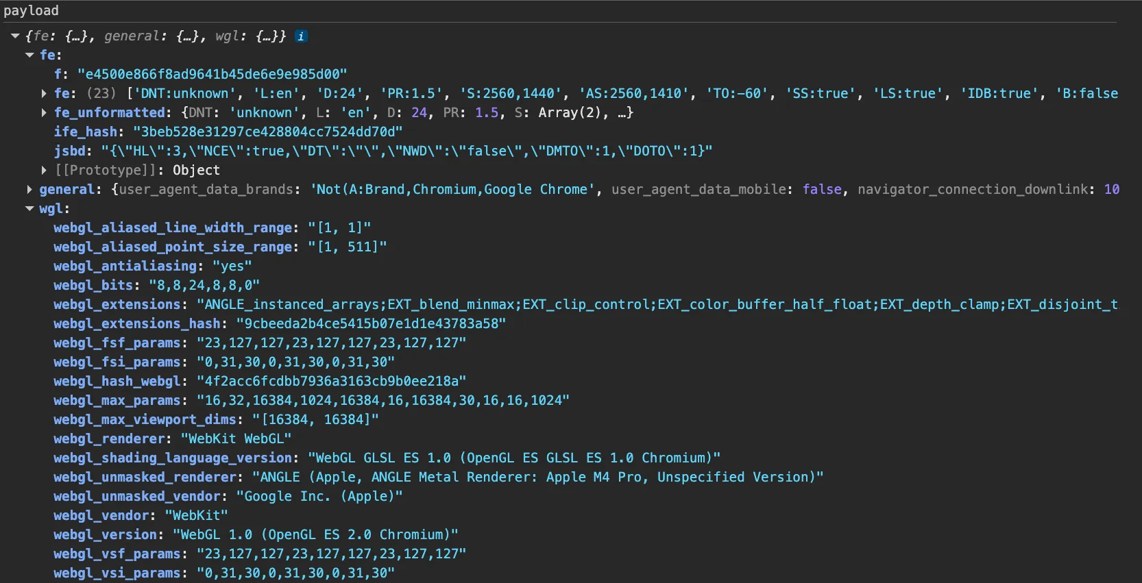 Figure 18: Full iframe-generated fingerprint object prior to encryption.