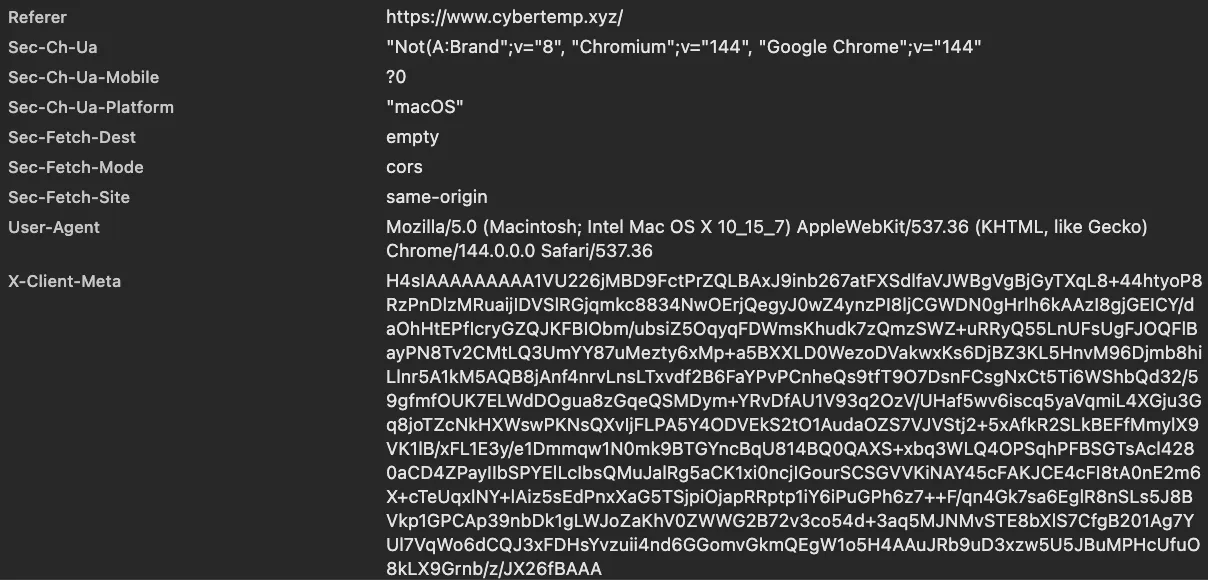 Figure 15: Encrypted fingerprint payload embedded in the X-Client-Meta header of a first-party API request.