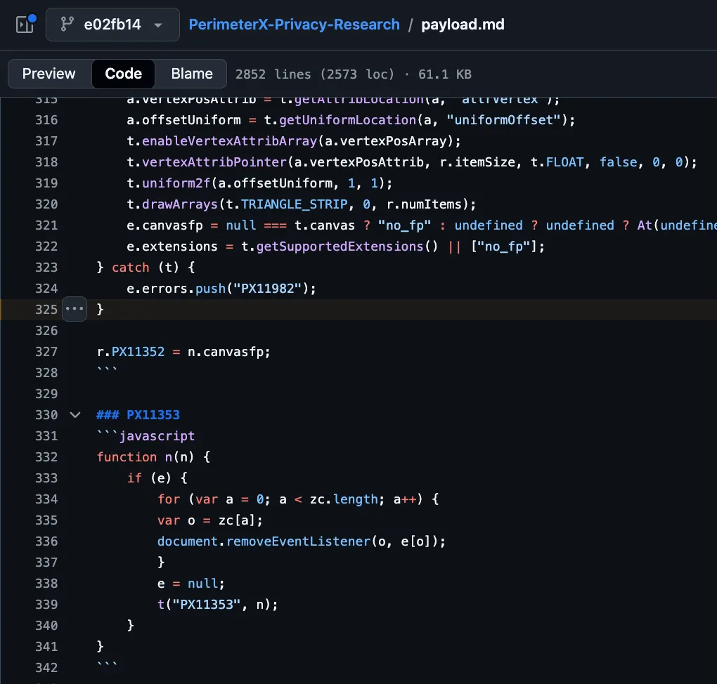 Figure 39: Public reference showing PX11982 marker associated with PerimeterX client-side sensor logic.