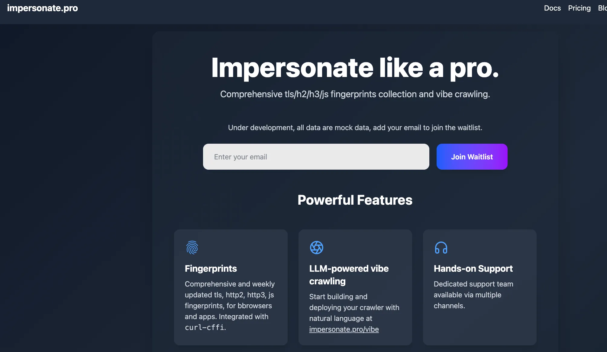 Figure 6: Marketing page of impersonate.pro advertising TLS and JavaScript fingerprint impersonation capabilities.