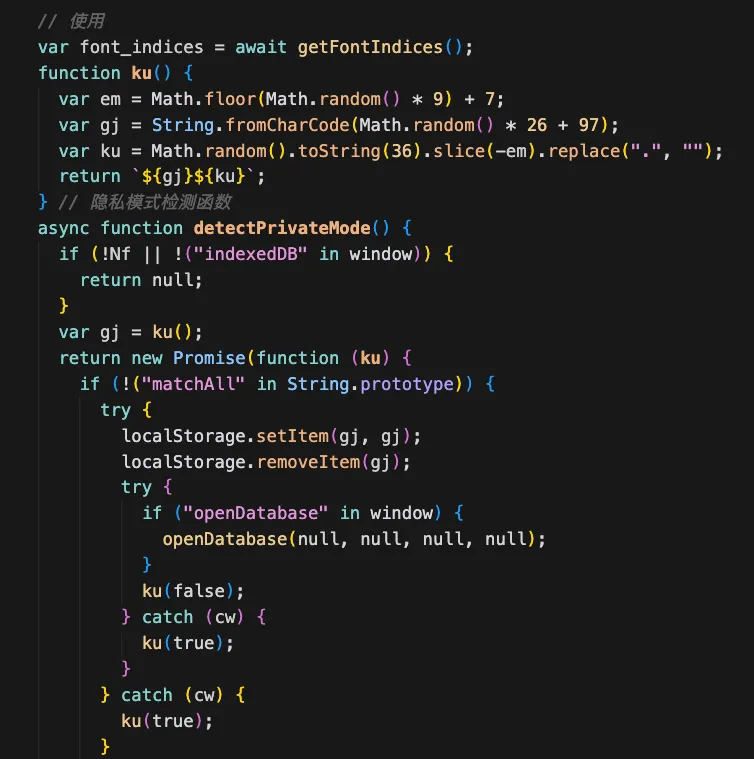 Figure 24: Iframe (h.html) — partially obfuscated fingerprinting logic showing inconsistent identifier obfuscation and retained comments.