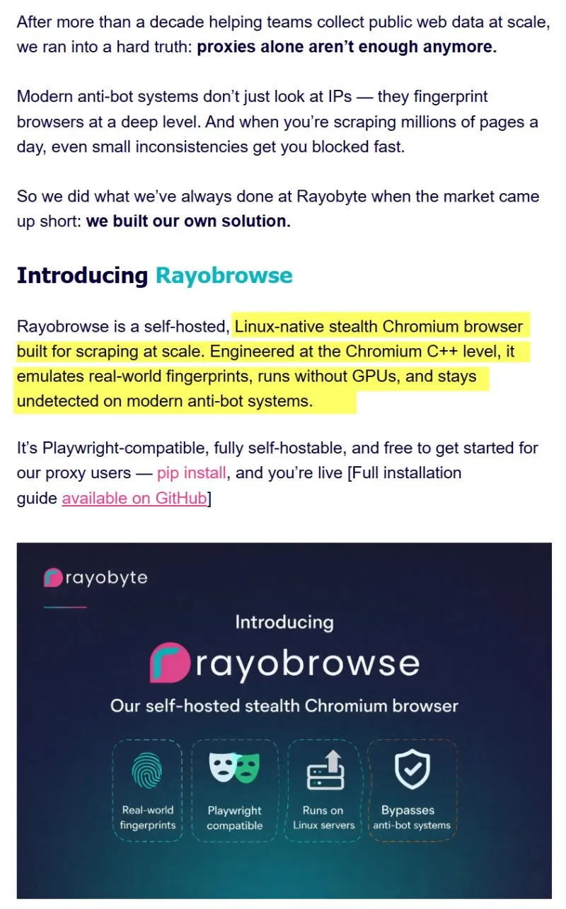 Figure 12: Rayobyte announcement marketing a custom Chromium-based “anti-detect” browser positioned as emulating real-world fingerprints for automation workflows.