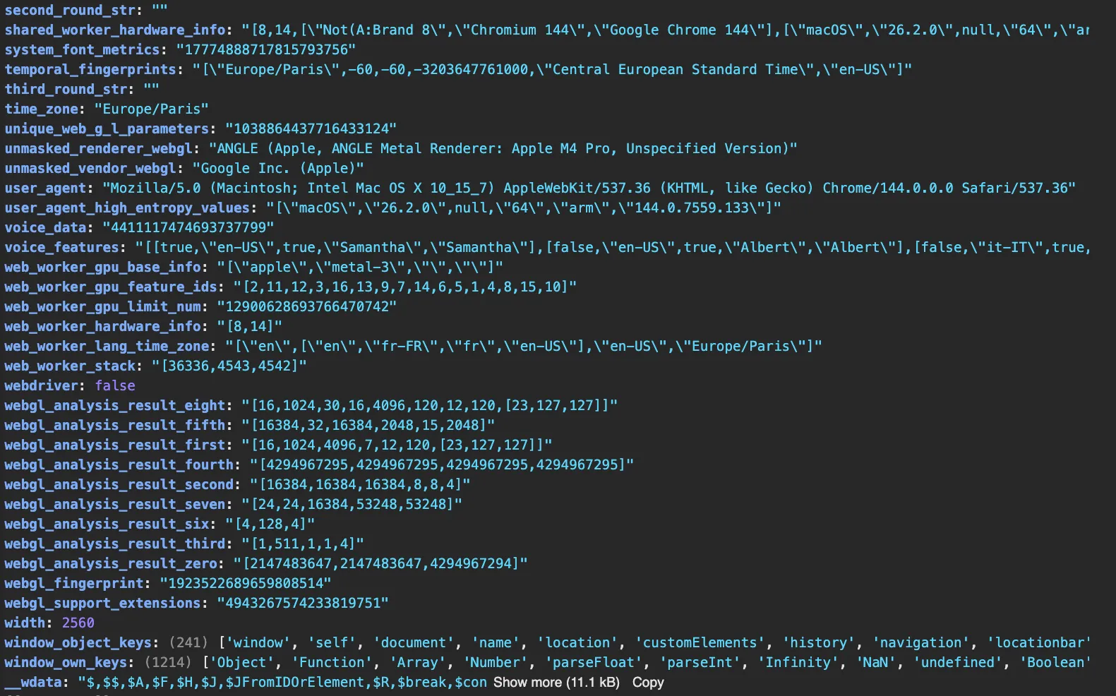 Figure 27: Iframe-generated payload excerpt — Part 3 (representative fields).